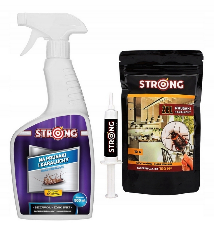 Proti švábom Strong 0,1 kg 10 ml + Tekutina proti švábom, mravcom, pavúkom, blchám, plošticám, strieborným rybkám Strong 0,6 kg