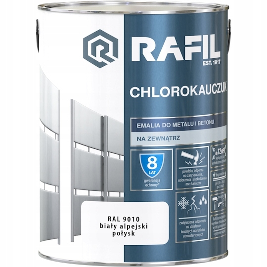 Farba - Rafil Chlorokauczuk 5L biela emailová farba RAL9010